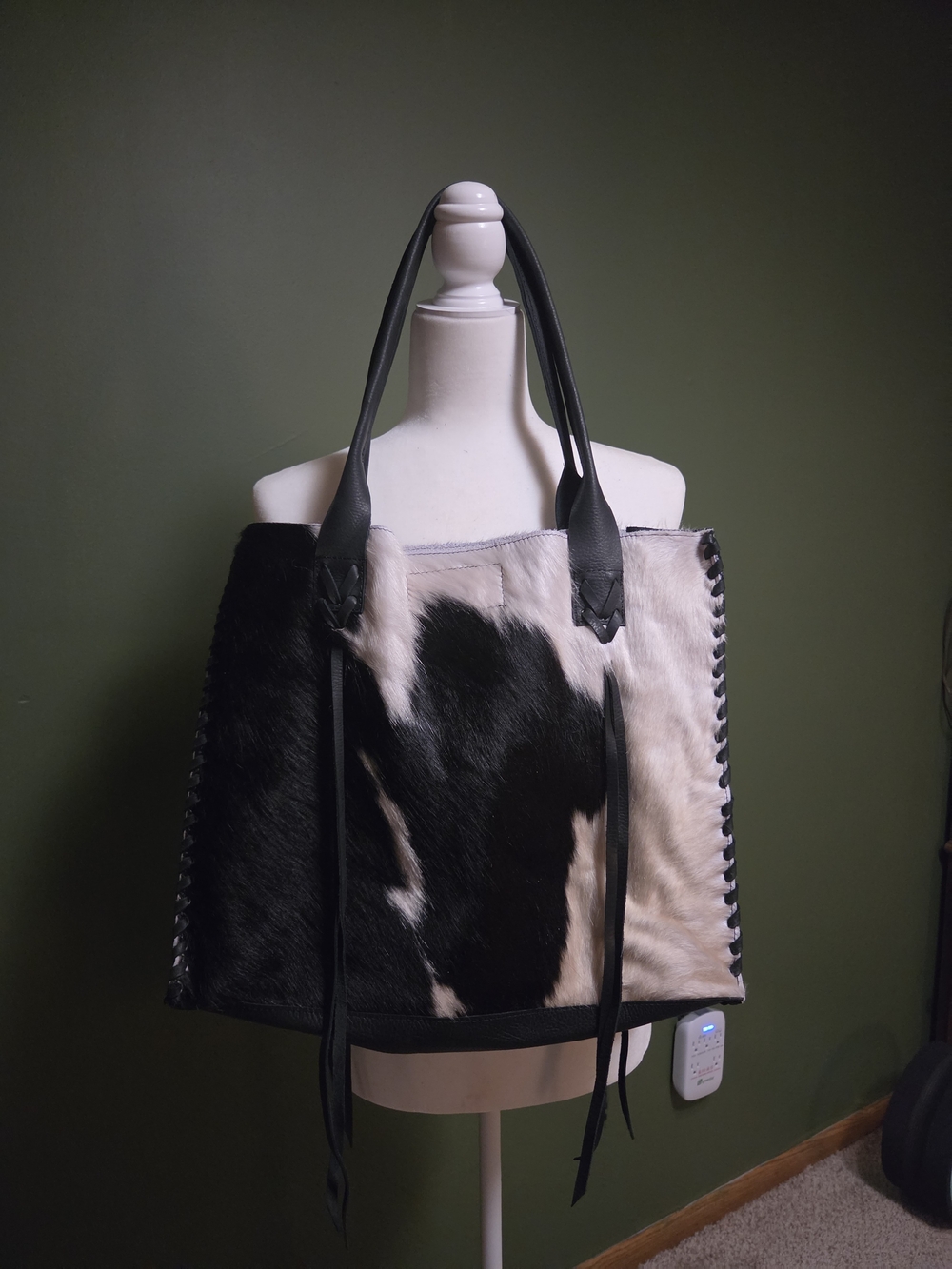 Black and White Cowhide Tote Bag with Leather Handles